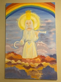 a painting of jesus with a rainbow in the sky