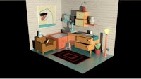 a 3d model of a room with furniture and a sink