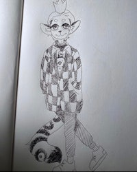 a drawing of a cartoon character wearing a checkered suit