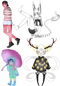 a group of drawings of different characters with different outfits