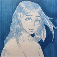 a drawing of a girl with blue hair